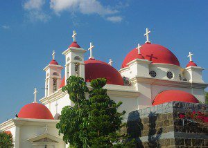 Capernaum, Greek Orthodox monastery in white and red