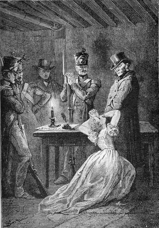 Fantine begs at Javert's feet