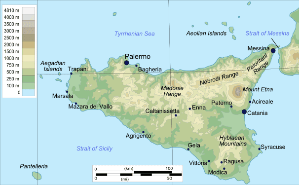 Map of Sicily showing the island of Pantelleria