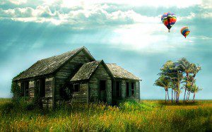 Old shack with balloons