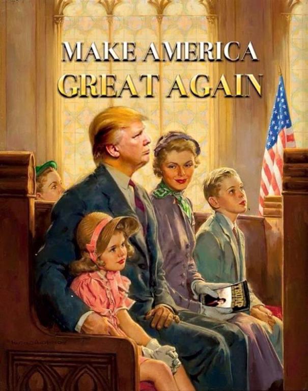 The pious pater familias Donald Trump, as seen by Norman Rockwell