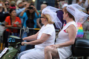 Two lesbian brides en route to their wedding ceremony