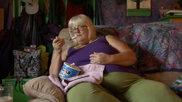Eating ice cream on the couch.