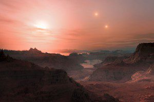 An artist's impression of sunset on the Super-Earth Gliese 667 Cc.