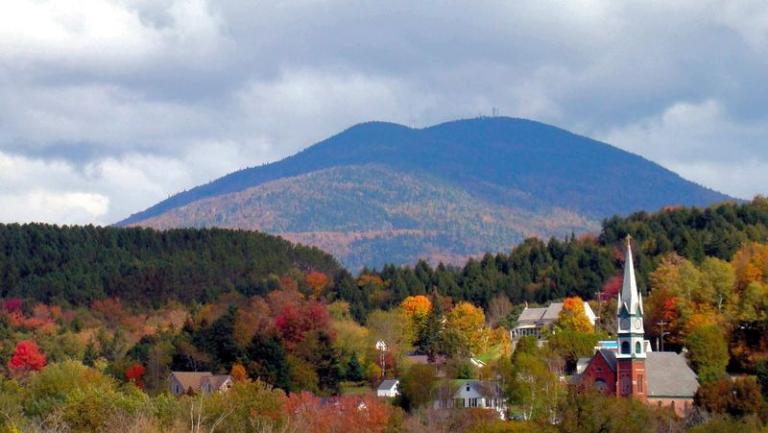 New England village, with mountain and church