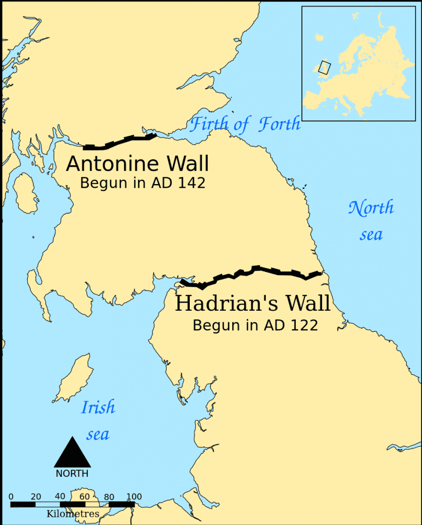 A map showing Hadrian's Wall and the Antonine Wall