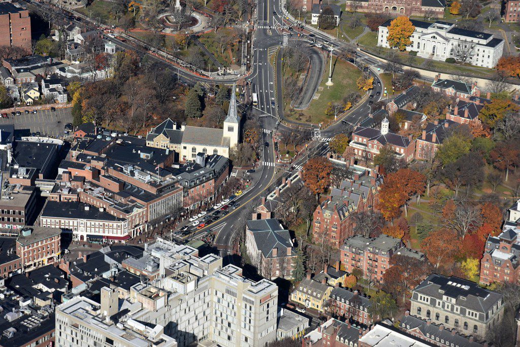 Aerial shot of Harvard Square, etc.