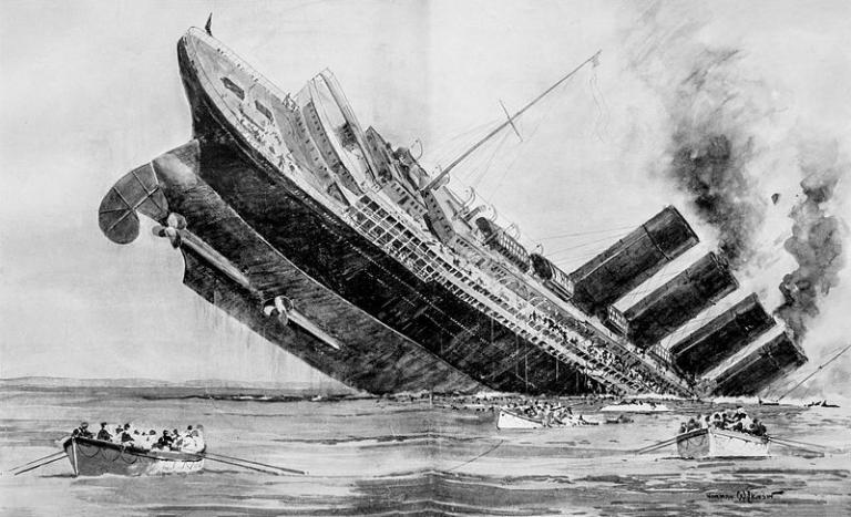 The sinking of the sister ship of the Aquitania