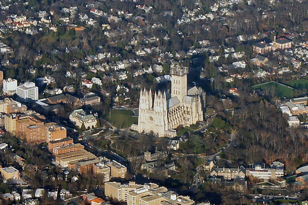 An aerial view of Washington National Cathedral, in DC sd;slid f
