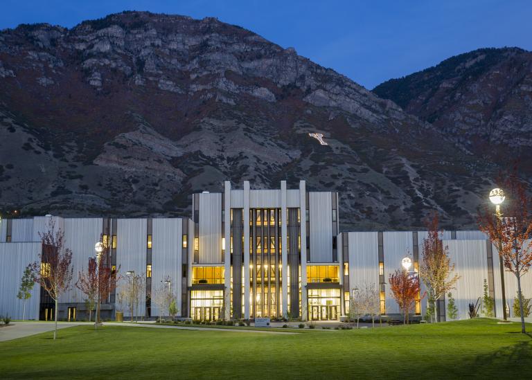 BYU's law school, in the evening