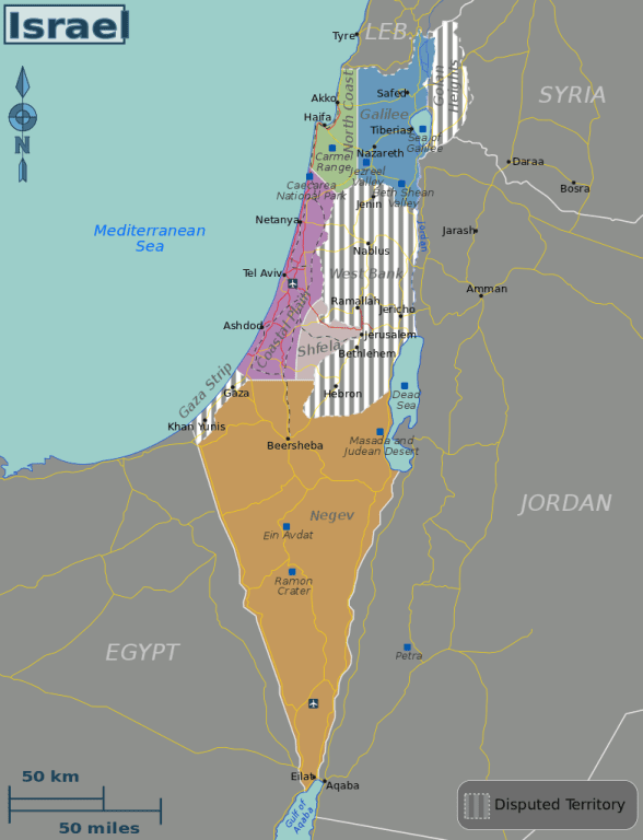 A political map of Israel.