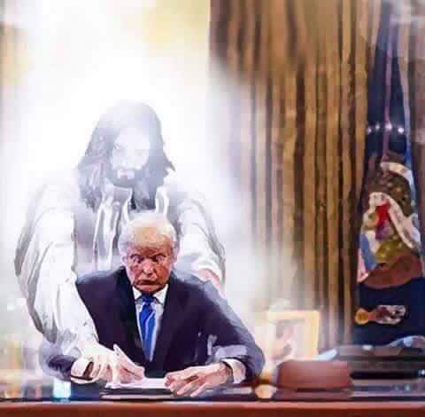 Jesus guides Trump's hand in the Oval Office