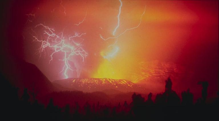 An Indonesian volcano eruption, with lightning
