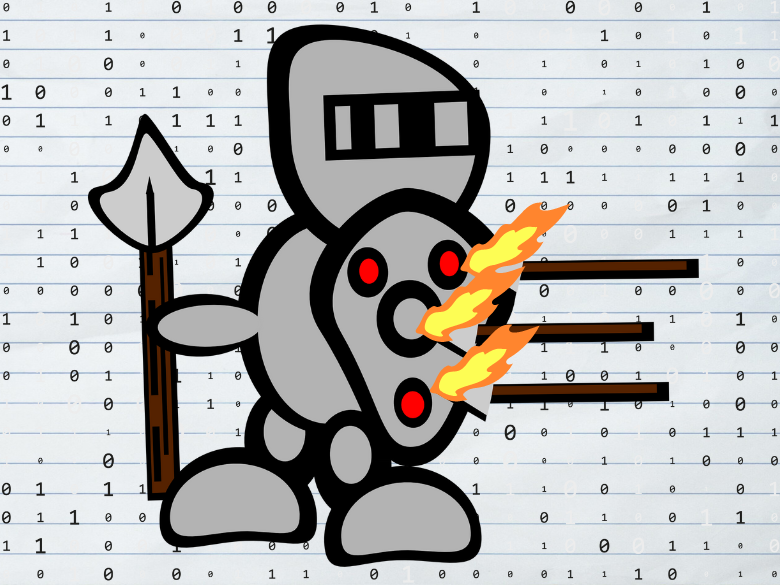 Computer game character, knight with flaming arrows in his shield