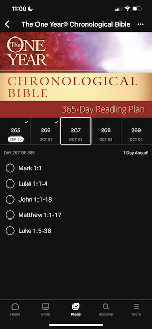 Screenshot of "The One Year Chronological Bible 365-Day Reading Plan" as of Coco's Oct 01, looking at Oct 02
