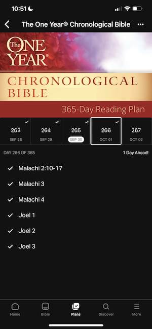 Screenshot of Day 266, Oct 01, 2023, from The One Year Chronological Bible 365-Day Reading Plan, from Coco's phone