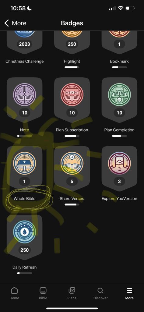 Bible App screenshot, colorful badges on black background