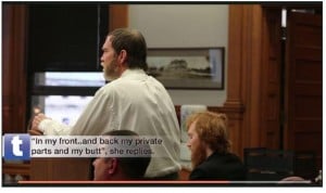 Clockwise: Timothy reacts to his 9-year-old daughter’s candid description of being raped by him; Esten looks down; Assistant Prosecutor Frank Spryszak watches. Screen capture from Toledo Blade video.