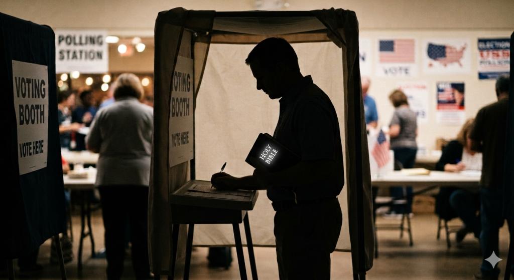 The silhouette of a man casting an election ballot holding a Bible is intended to illustrate that religious convictions can infomr our voting.