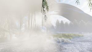 Ethereal scene with fog, trees, bushes, and an odd-looking manmade arch indicative of extraterrestrial life.