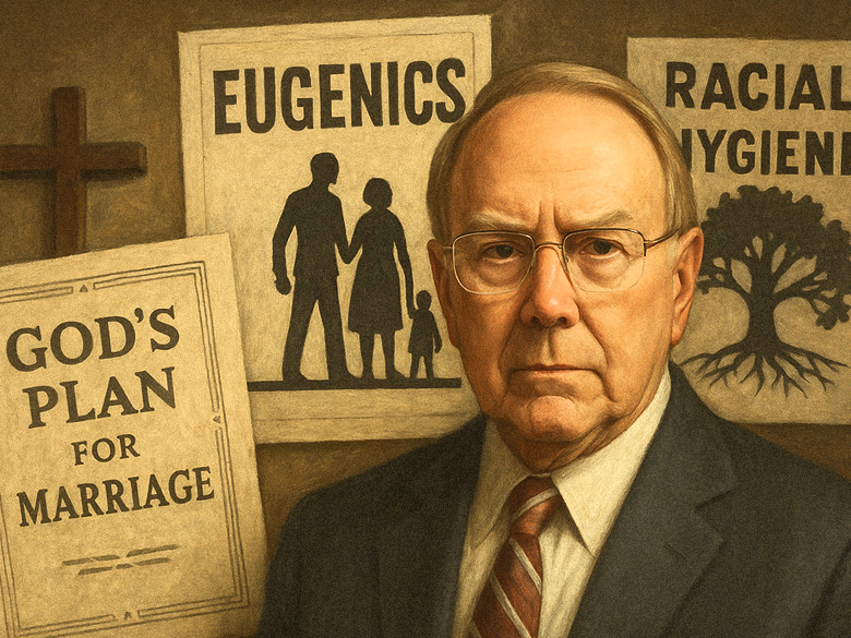 Vintage-style graphic featuring James Dobson on a retro television with a eugenics-era family propaganda poster and the caption: “Biblical values brought to you by America’s favorite eugenicist.”