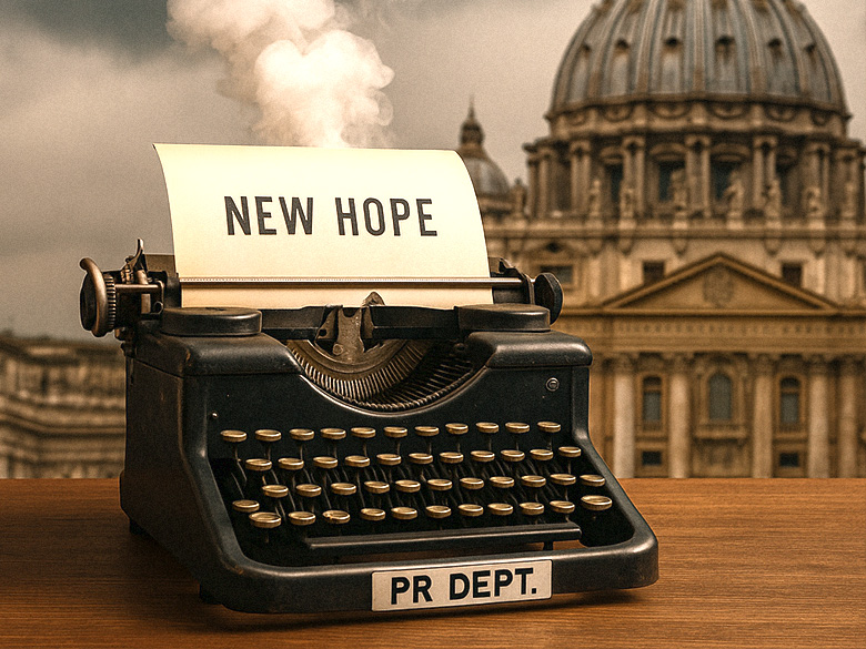 Vintage typewriter labeled "PR DEPT." with smoke rising from it, set against the backdrop of St. Peter’s Basilica in Vatican City. A paper in the typewriter reads “NEW HOPE.”