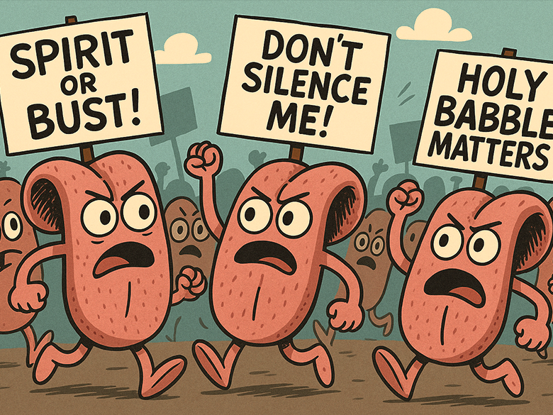 Cartoon-style illustration of angry anthropomorphic tongues marching in a protest, holding signs that say “SPIRIT OR BUST!”, “DON’T SILENCE ME!”, and “HOLY BABBLE MATTERS.”