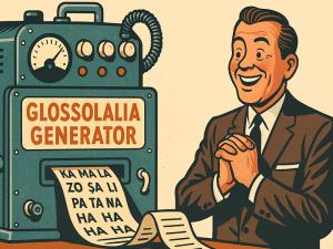 Retro-styled illustration of a man gleefully watching a machine labeled “Glossolalia Generator” produce a scroll of nonsensical syllables.