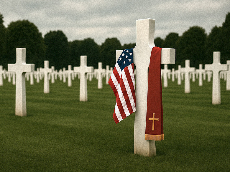 A military cemetery with rows of white marble crosses. One cross in the foreground is draped with an American flag and a red clerical stole, symbolizing the merging of church and state.