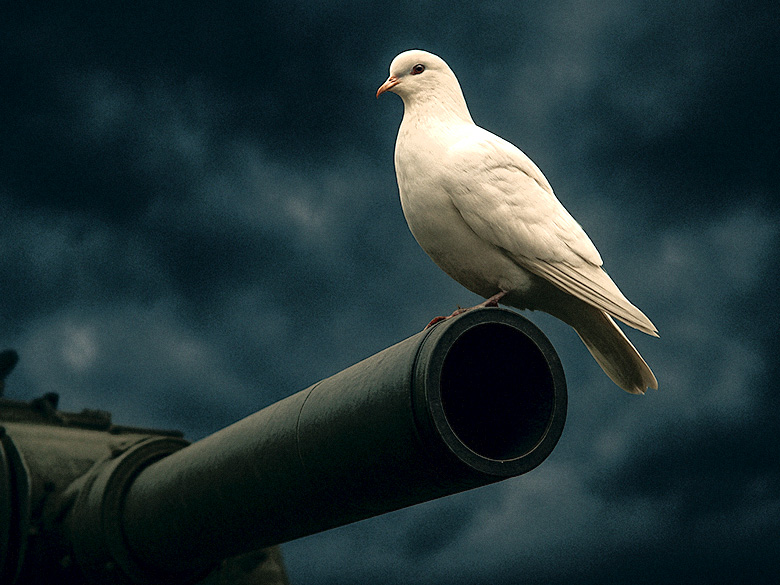 A white dove perched calmly on the barrel of a military tank against a dark, stormy sky, symbolizing the tension between peace and power.
