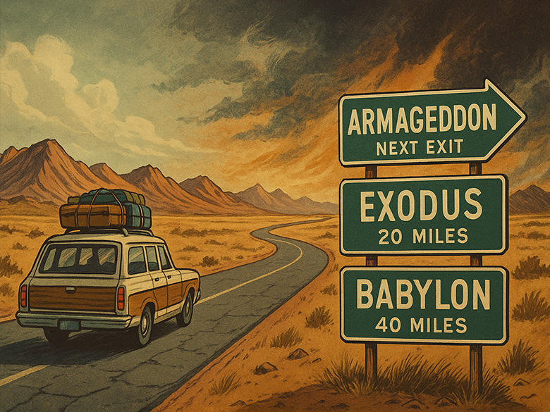 A retro-style illustration of a station wagon with luggage on top, driving through a desert landscape at sunset. To the right of the road are three green highway signs: “ARMAGEDDON – NEXT EXIT,” “EXODUS – 20 MILES,” and “BABYLON – 40 MILES.” In the background are rugged mountains under a dramatic sky.