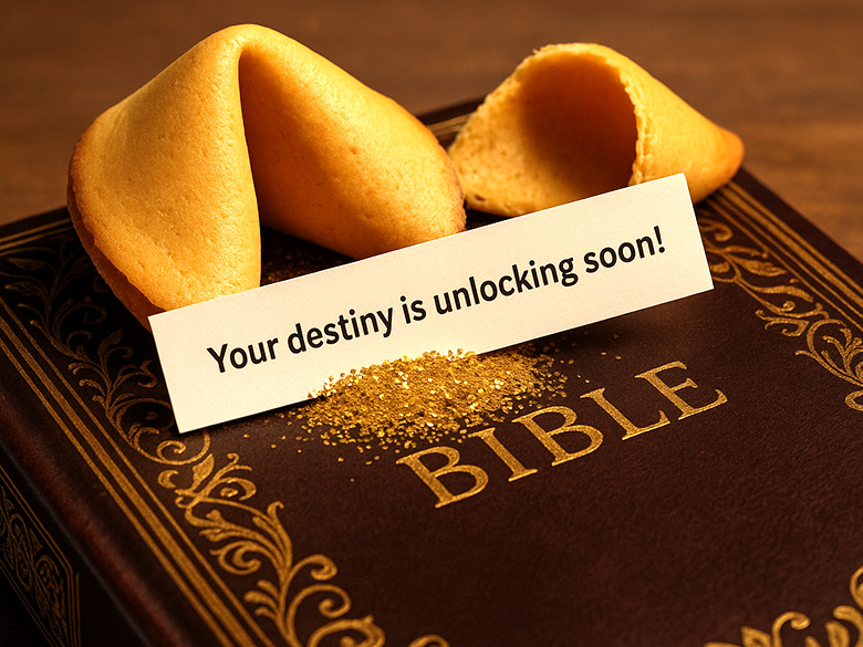 A fortune cookie cracked open on top of a gilded Bible, with gold glitter spilling out and a paper message reading “Your destiny is unlocking soon!”