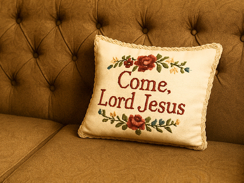 A vintage embroidered pillow reading “Come, Lord Jesus” placed suggestively on a worn, churchy sofa in warm lighting.