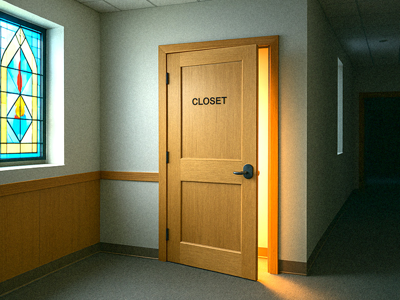 A modern church hallway with a slightly open wooden door labeled "CLOSET," glowing with warm light from within. A stained-glass window on the wall casts muted colors into the otherwise quiet, sterile corridor.