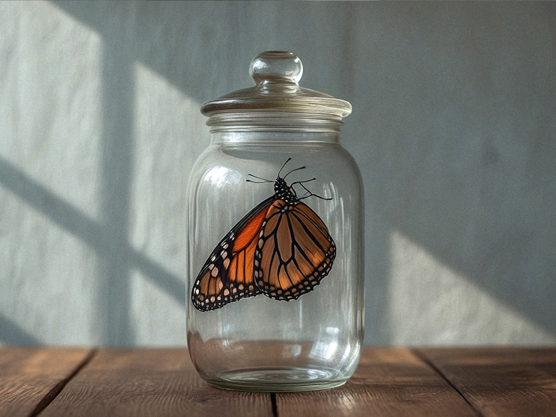 A Monarch butterfly with vivid orange and black wings rests inside a sealed glass jar, sitting on a light wooden surface. Soft natural light highlights the butterfly’s delicate features against a muted gray background.