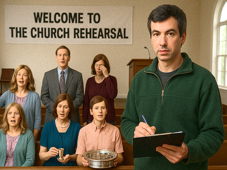 A serious-looking man resembling Nathan Fielder stands with a clipboard in a church sanctuary, in front of a group of mannequin-like churchgoers seated in pews. Behind them hangs a large banner that reads, “Welcome to the Church Rehearsal.” The worshippers appear frozen mid-service, some holding communion elements, others with vacant expressions.