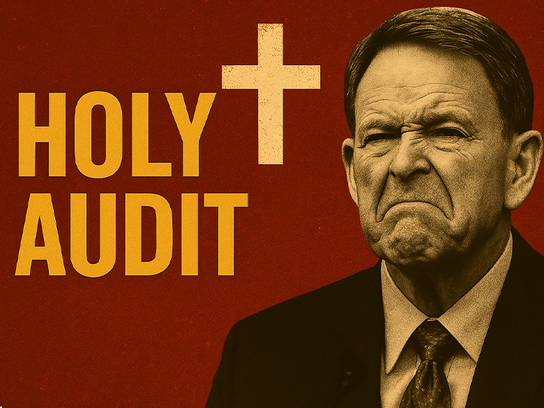 A satirical graphic with a red textured background featuring the bold yellow-orange text “HOLY AUDIT” on the left, a distressed white cross in the center, and a grayscale image of Tony Perkins on the right with a stern, disapproving expression. The design evokes religious propaganda with a critical tone.