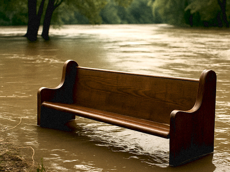 A wooden church pew sits partially submerged in muddy floodwater near a river, surrounded by trees under an overcast sky. The scene is calm but somber, evoking the theme of neglected faith and spiritual complacency.