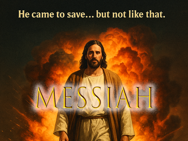 A faux movie poster featuring Jesus walking calmly through an explosion, styled in a dramatic Hollywood action-movie aesthetic. The title "MESSIAH" appears in bold gold serif type, with the tagline above: "He came to save… but not like that."