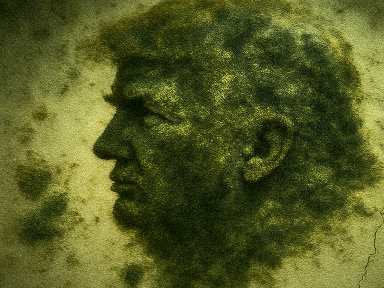 Mold growing on a wall, subtly forming the profile of Donald Trump under harsh lighting—evoking themes of decay, corruption, and pareidolia.