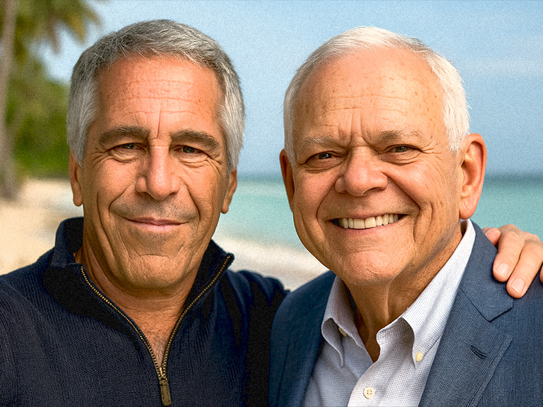Two older men—one in a zip-up sweater, the other in a blazer—stand shoulder to shoulder smiling for a selfie on a tropical beach. The image evokes eerie friendliness and visual irony.