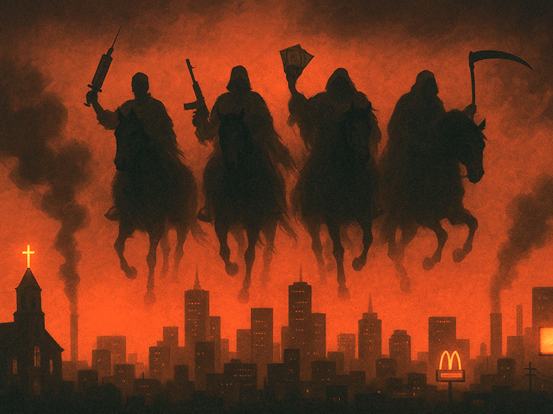 A digital painting of four ghostly, silhouetted horsemen riding over a modern city skyline at dusk. Each figure represents one of the Four Horsemen of the Apocalypse—holding a syringe, rifle, stack of money, and scythe. Below them, the city glows with signs, smokestacks, a church, and a fast-food billboard under a blood-red sky.