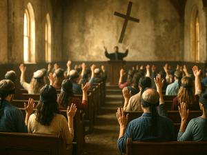 A congregation fills a worn church hall, all seated in wooden pews with black blindfolds covering their eyes and hands lifted in praise. Warm sunlight filters through tall arched windows, highlighting the decayed walls and a crooked cross at the front.