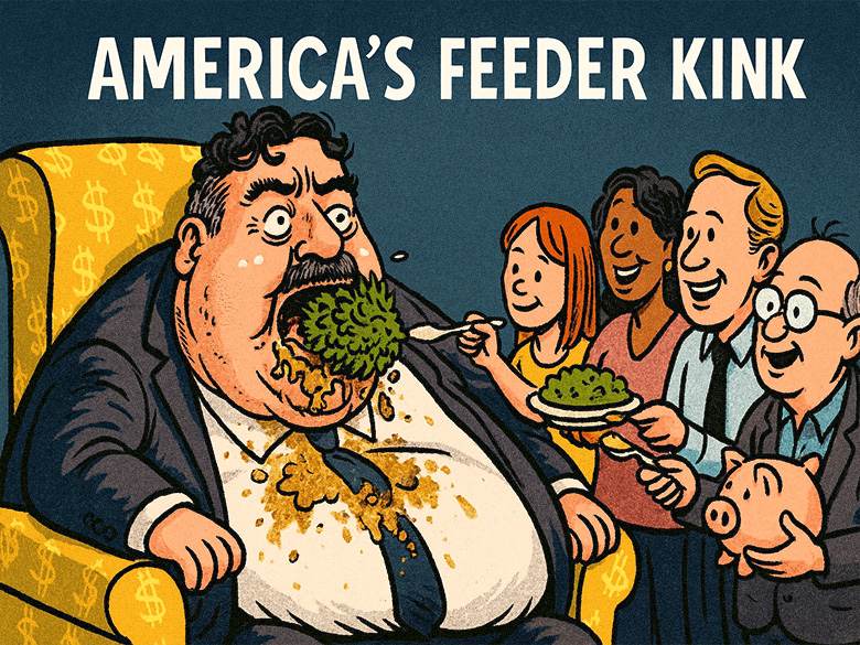 A political cartoon-style digital illustration depicts an overfed billionaire, resembling Mr. Creosote, slumped in a golden chair patterned with dollar signs. His bloated face is stuffed with food, dripping down his chin and staining his shirt. A diverse group of smiling Americans eagerly feed him spoonfuls of green mush, one even offering a piggy bank. The background is simple, drawing focus to the grotesque parody of wealth worship and consumer complicity.