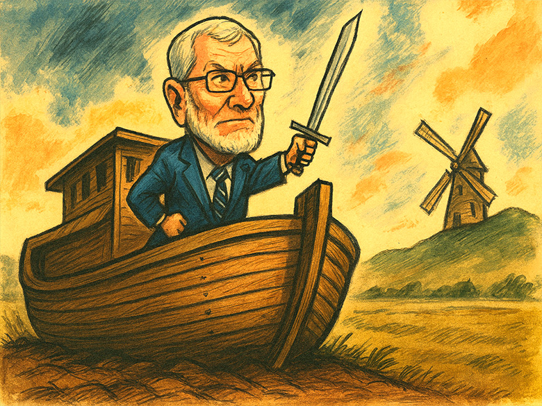 A stylized caricature of a man resembling Ken Ham standing heroically at the bow of a wooden ark-like boat on dry land, holding a sword like Don Quixote. He faces a windmill in the distance, evoking a sense of misguided crusade.