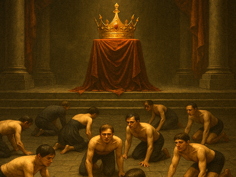 A shadowy, Baroque-style throne room with a glowing golden crown elevated on a red-draped pedestal. Around it, shirtless male figures crawl submissively on the stone floor in eerie reverence, their postures hunched and heads bowed. Thick smoke and dark curtains give the room a heavy, authoritarian feel.