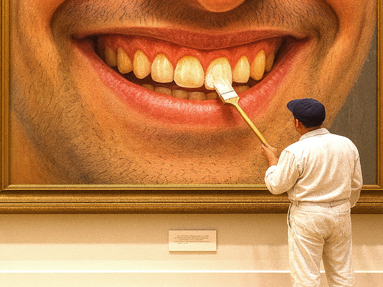 A gallery worker paints one tooth brighter on a massive framed portrait of a smiling mouth, symbolizing the act of whitewashing truth.