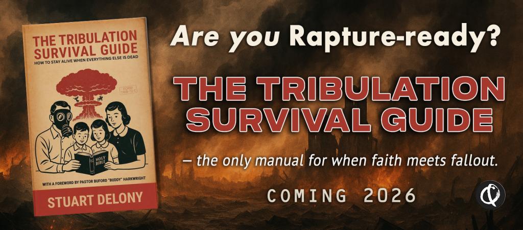A vintage-style book titled The Tribulation Survival Guide floats before a burning, post-apocalyptic cityscape. The headline reads “Are you Rapture-ready?” with bold text announcing the book’s release: “Coming 2026.” The overall design mimics a Cold War–era public service announcement with dark orange smoke and desaturated colors.