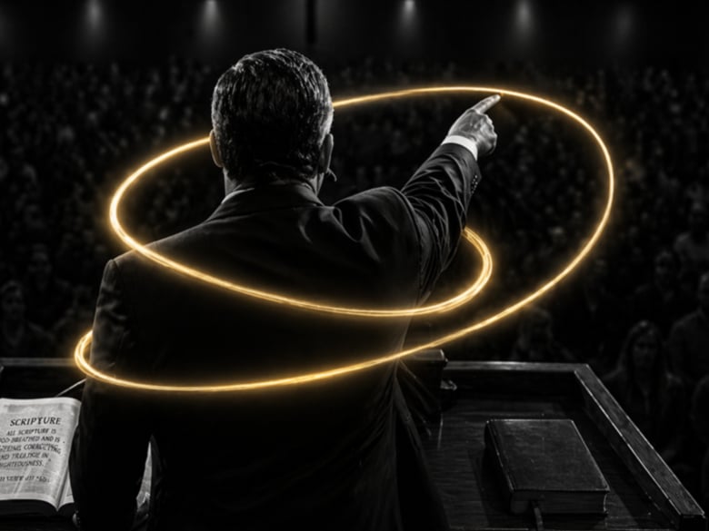 A black-and-white image of a pastor preaching to a darkened congregation from behind a podium. A glowing yellow line spirals from his pointing finger, loops around him, and circles back toward him, symbolizing circular reasoning and self-reinforcing belief systems.
