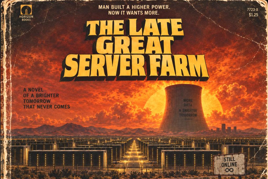 Vintage 1970s-style paperback cover titled “The Late Great Server Farm,” showing a vast server complex beneath an apocalyptic orange sky, with a massive cooling tower glowing on the horizon and a roadside sign reading “Still Online.”